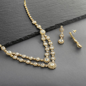 Regal 2-Row Rhinestone Necklace & Earrings Set in Silver or Gold Finish By The Ring Madam 