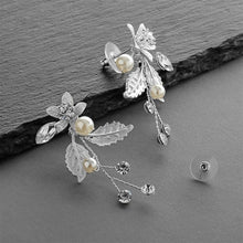 Load image into Gallery viewer, Matte Silver Leaves and Ivory Pearls Jeweled Earrings with Crystal Gems by the ring madam