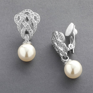 Clip-On Cubic Zirconia Braided Wedding Earrings with Pearl Drop By The Ring Madam 