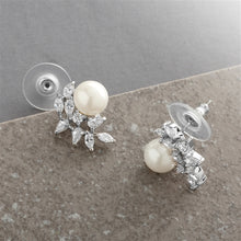 Load image into Gallery viewer, Pierced Pearl and Cubic Zirconia Earrings in Crescent Shape By The Ring Madam 