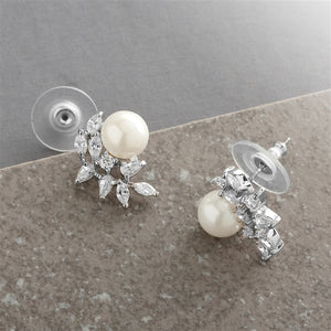 Pierced Pearl and Cubic Zirconia Earrings in Crescent Shape By The Ring Madam 