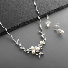 Load image into Gallery viewer, Freshwater Pearl and Cubic Zirconia Floral Leaf Necklace and Earring Set By the Ring Madam 