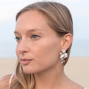 Matte Silver Leaves and Ivory Pearls Jeweled Earrings with Crystal Gems by the ring madam