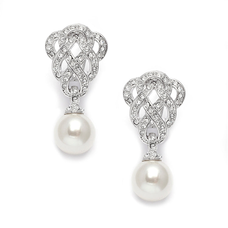 Clip-On Cubic Zirconia Braided Wedding Earrings with Pearl Drop