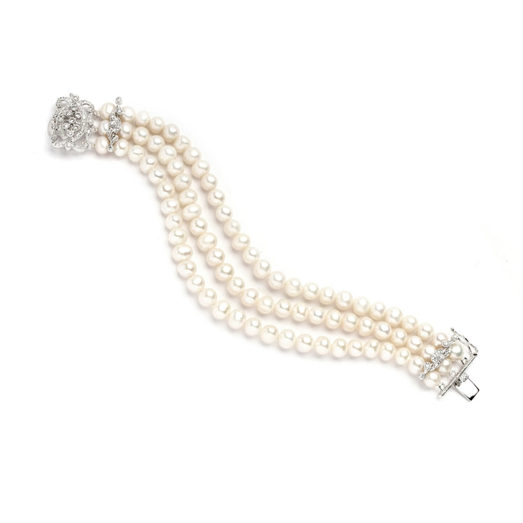 3-Row Freshwater Pearl Bridal Bracelet with Vintage CZ Clasp By The Ring Madam 