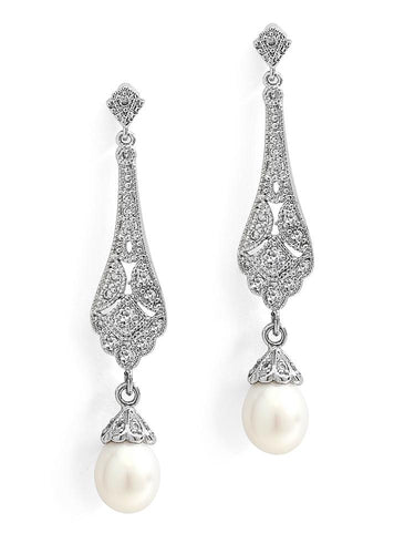 Art Deco CZ and Freshwater Pearl Drop Earrings by the ring madam