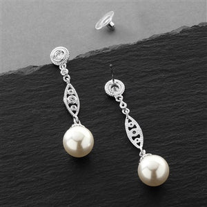 Dangle Earrings with Cubic Zirconia Filigree and Bold Pearl by The Ring Madam 