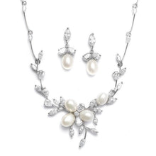 Load image into Gallery viewer, Freshwater Pearl and Cubic Zirconia Floral Leaf Necklace and Earring Set by the ring madam mar3041S