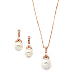 Pearl Drop Necklace and Earring Set with Vintage CZ in Three Finishes