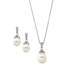 Load image into Gallery viewer, Pearl Drop Necklace and Earring Set with Vintage CZ in Three Finishes by the ring madam mar3045S-S-2