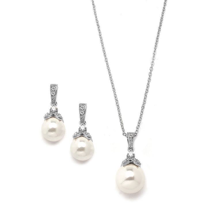 Pearl Drop Necklace and Earring Set with Vintage CZ in Three Finishes by the ring madam mar3045S-S-2