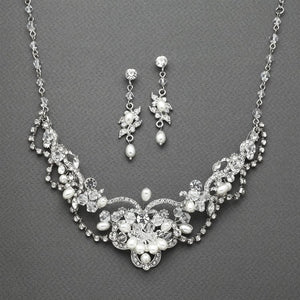 Vintage Freshwater Pearl & Crystal Necklace and Earrings Set by the ring madam mar4061