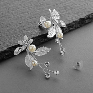 Matte Silver Leaves and Ivory Pearls Jeweled Earrings with Crystal Gems by the ring madam